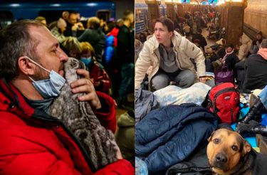 Fotos comoventes mostram ucranianos agarrados a seus animais de estimação enquanto fogem