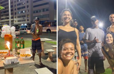 Amigos organizam festa de aniversário para jovem que mora na rua. Havia cervejas e bolo